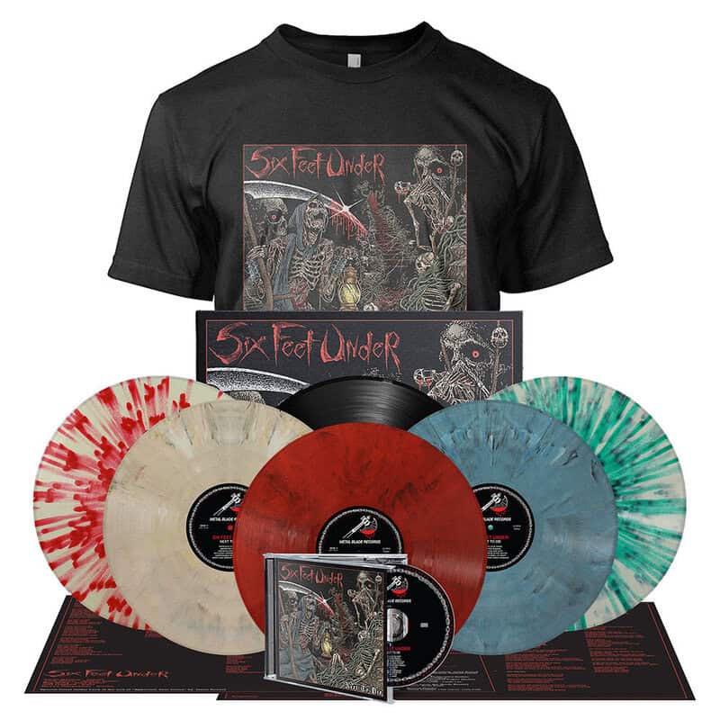 Six Feet Under vinyl box set featuring a black T-shirt, two illustrated album sleeves, and five color-splattered vinyl records (red, cream, black, blue, and teal) with the band logo.