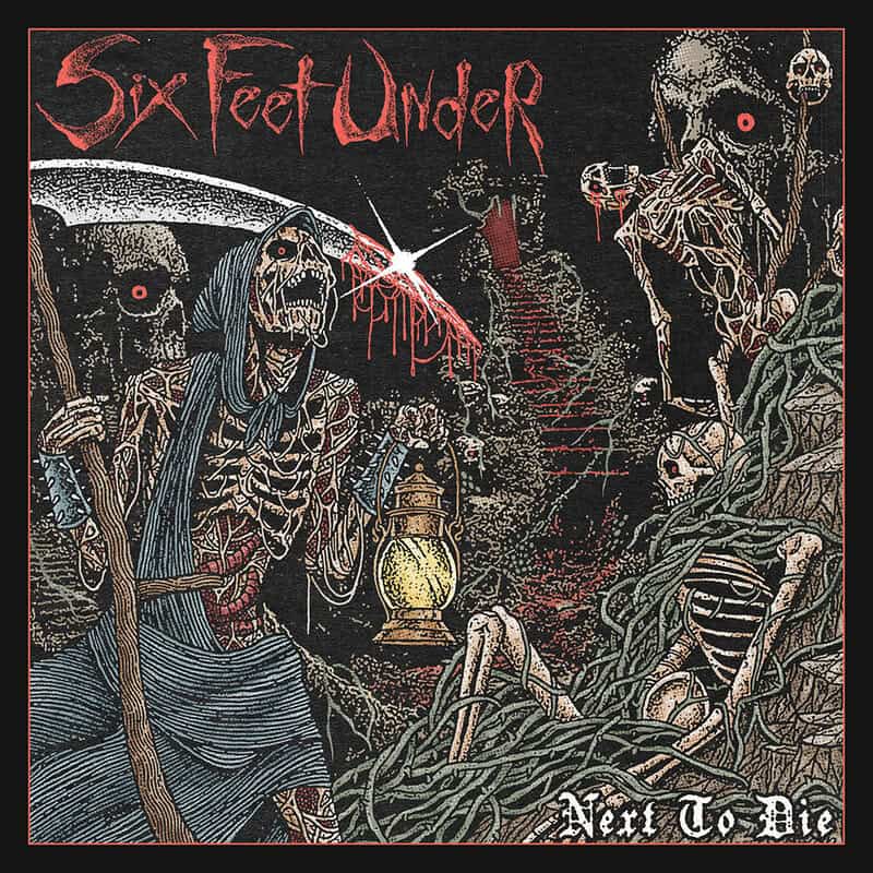 Dark Six Feet Under album cover with skeletal figures, a hooded reaper wielding a scythe, lantern, and a ruined underground scene