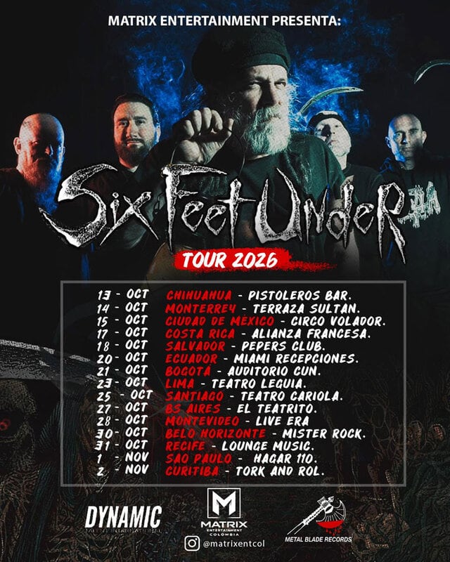 Poster for Six Feet Under Tour 2026 showing band members with tour dates and venues list in a red and black design.