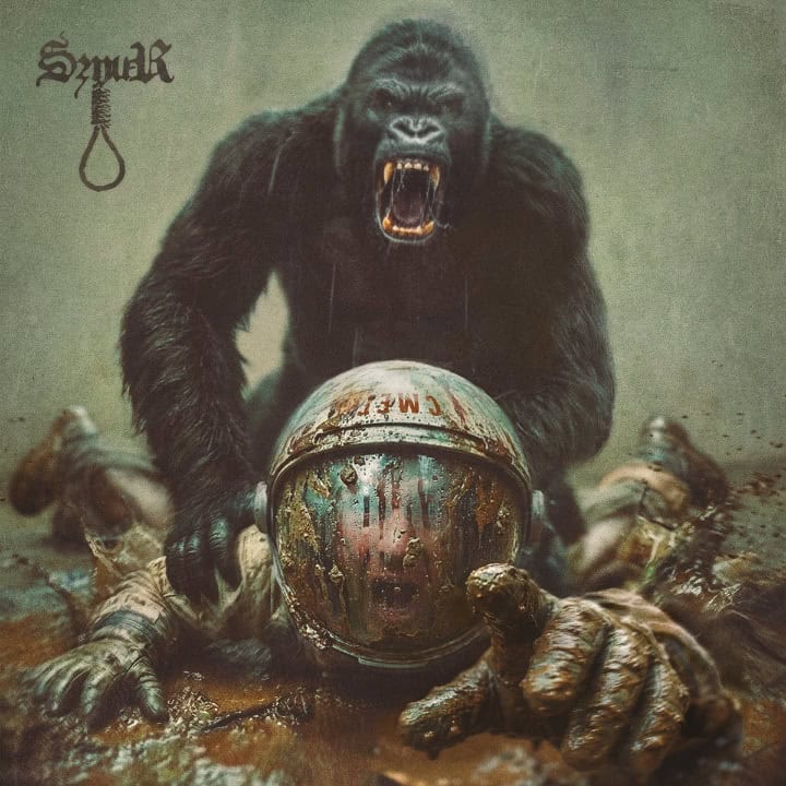 Aggressive gorilla towering over a muddy, crushed astronaut helmet, baring its teeth in a gritty scene.