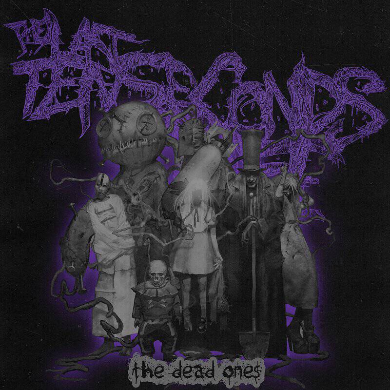 Dark horror album cover with a group of stitched-together figures in a purple glow; jagged logo across the top and 'the dead ends' at the bottom.