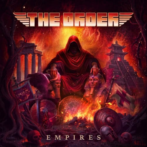 Cover art for a fantasy game titled 'The Order: Empires' showing a hooded red-robed figure seated amid flames, ruins, and armor, with ancient structures in the background.