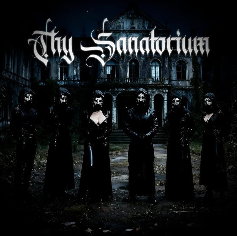 Six hooded figures in black robes stand on a ruined, overgrown path before a gothic, abandoned mansion at night, with 'My Sanctuary' in ornate typography above them.