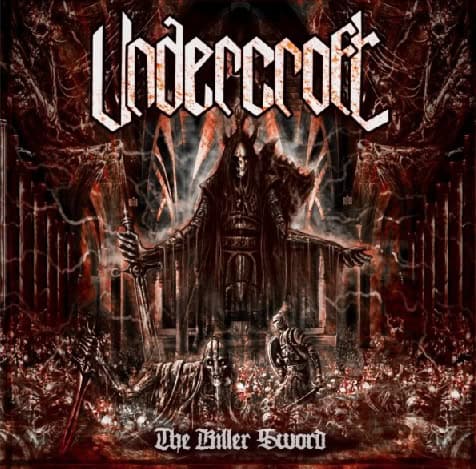 Dark metal album cover: a cloaked figure sits on a throne with arms outstretched, surrounded by skeletal figures in a fiery red, hellish chamber; band name at top and album title at bottom.