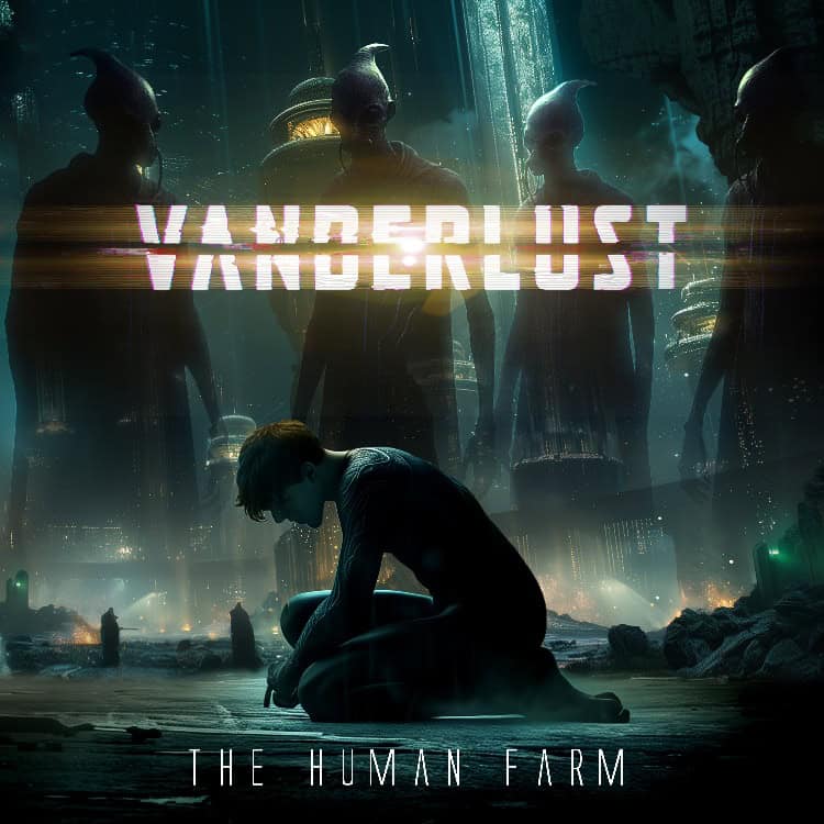 Dystopian poster: a man kneels in a neon-lit city while four hooded figures loom behind; title The Human Farm.