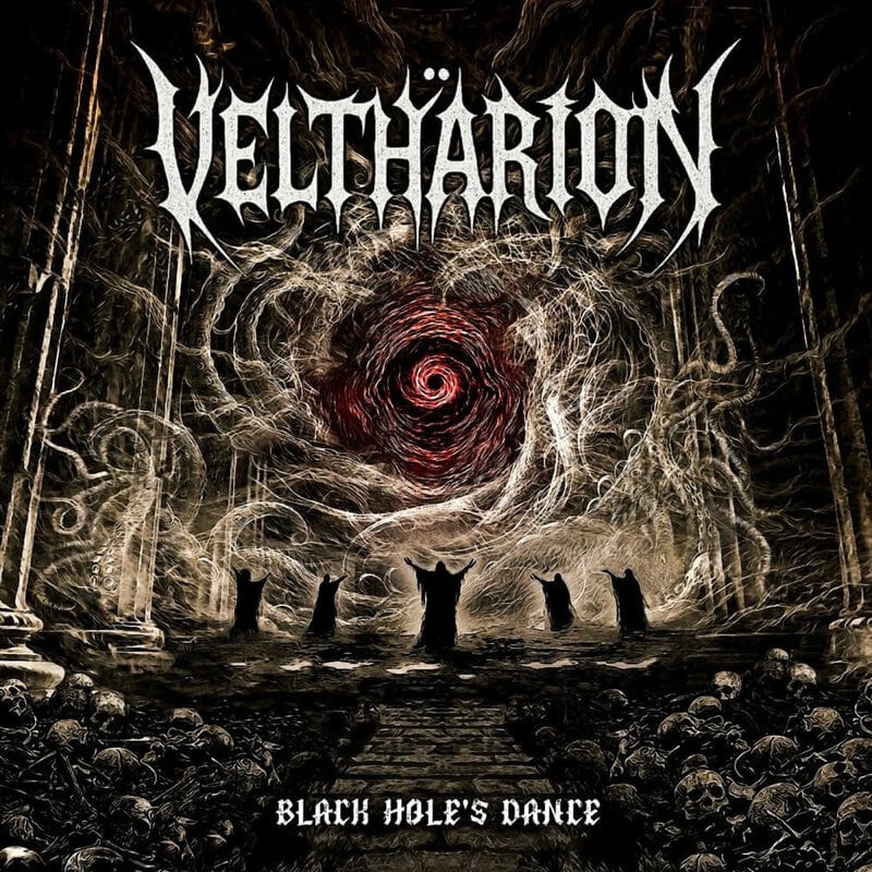 Album cover featuring a dark vortex center with a red spiral, surrounded by skeletal ruins and hooded figures with arms raised; text reads 'Veſt(h)arion' and 'Black Hole's Dance' (metal band artwork).