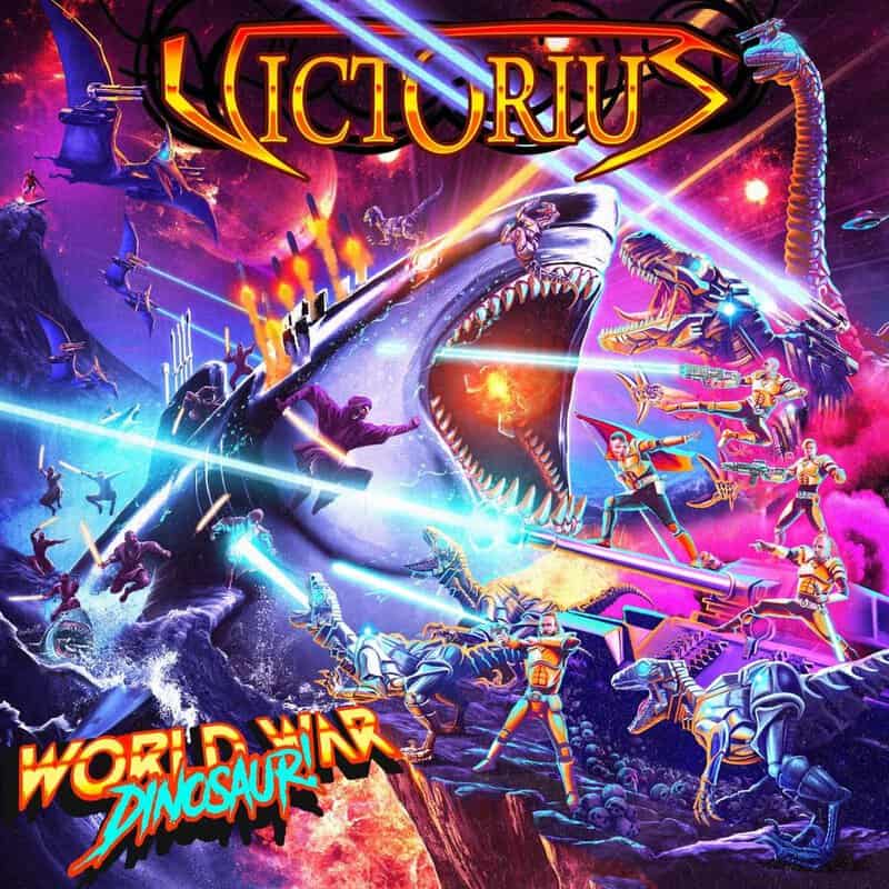Sci‑fi battle poster: a giant dinosaur roars as soldiers fire lasers amid a neon space backdrop; title reads VICTORIUS and World Dinosaur.