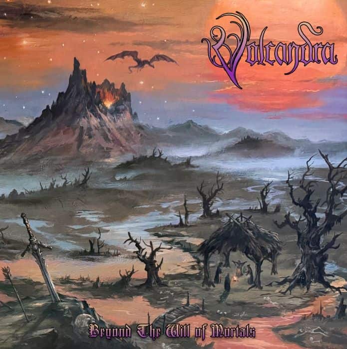 Dark, fantasy landscape with a jagged volcano and dead, twisted trees at sunset; a dragon silhouette flies above the horizon; a worn sword lies in the foreground.