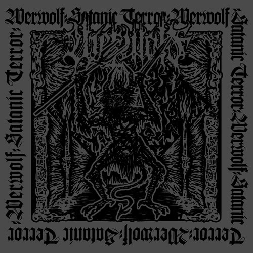 Dark black metal cover art with a horned demon center, wielding a staff, surrounded by Gothic border text.