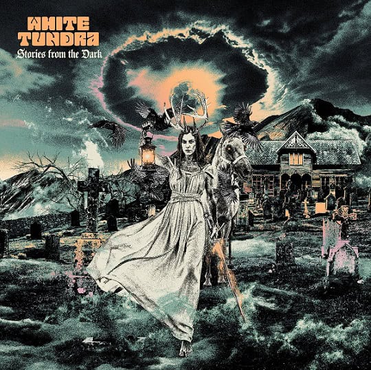 Album cover for 'White Tiger: Stories from the Dark' showing a woman in a flowing white dress leading a skeletal horse in a moody graveyard with a haunted house in the background.