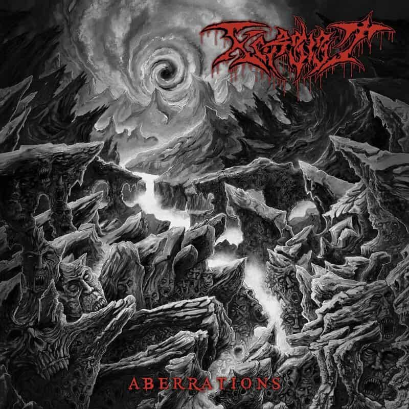 Album cover featuring a jagged, desolate rocky landscape with a spiraling vortex in the clouds; red band logo in the top-right and 'ABERRATIONS' in red at the bottom.