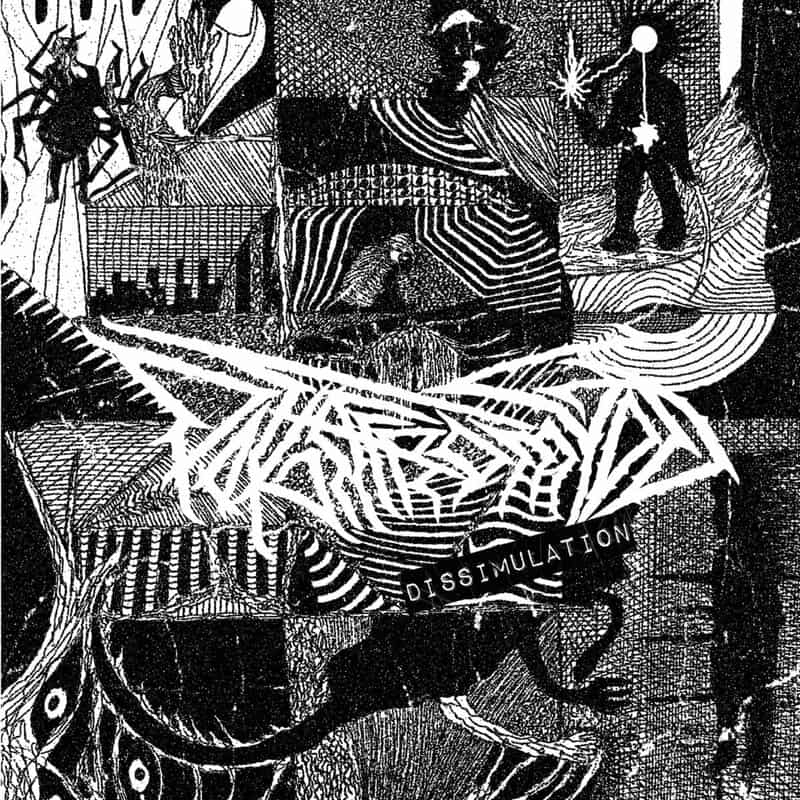 Abstract black-and-white collage with tangled geometric shapes and the word DISSIMULATION, conveying concealment or deception.