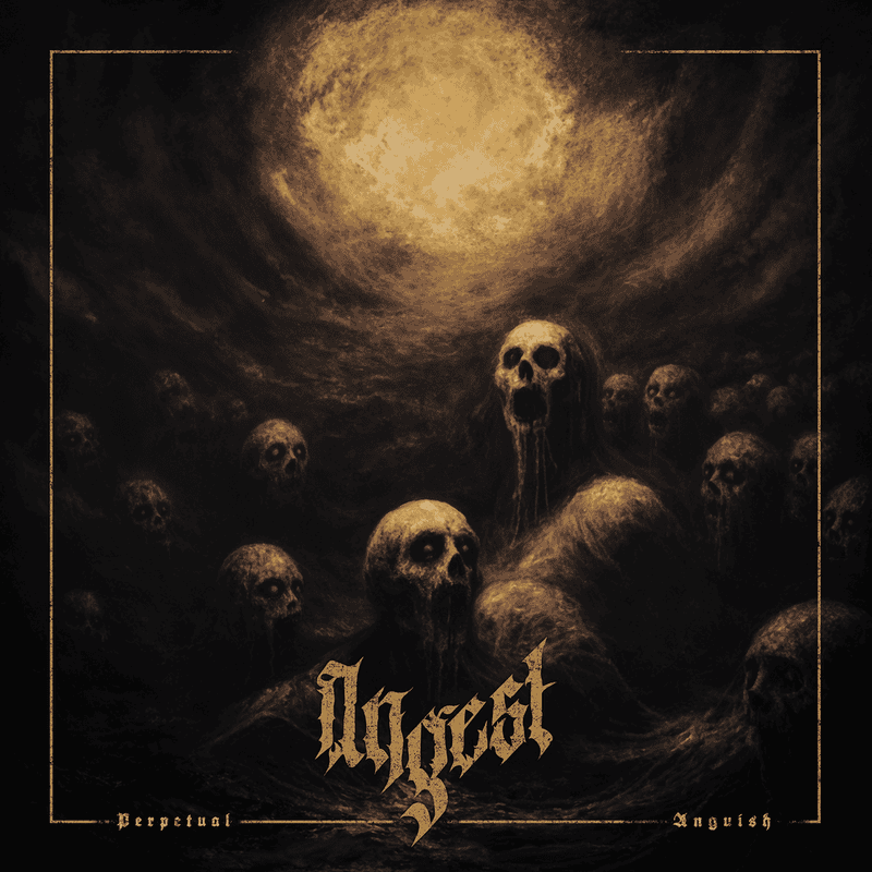 Gothic album cover featuring skeletal figures emerging from dark waters under a pale, full moon, with the word 'Angst' in ornate lettering and a bordered frame.