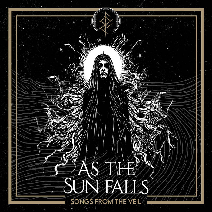 Album cover for 'As The Sun Falls' featuring a hooded, cloaked figure with a radiant white halo, set against a starry black background and wavy lines, framed in gold.