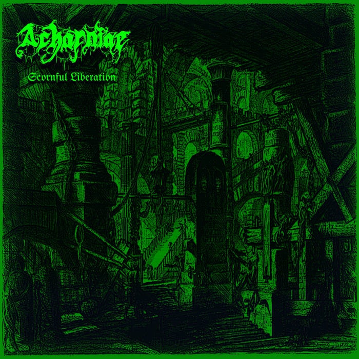 Green-tinted metal album cover showing a dungeon workshop with arches and gears; ornate band logo top left.