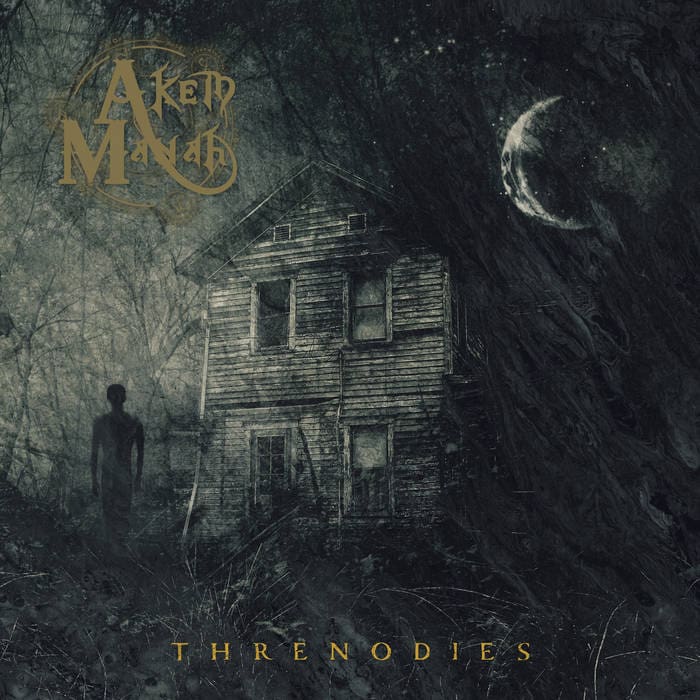 Dark, eerie forest scene with a dilapidated wooden house, a lone figure, and a crescent moon; album cover art for Threnodies with a gold logo in the top left.