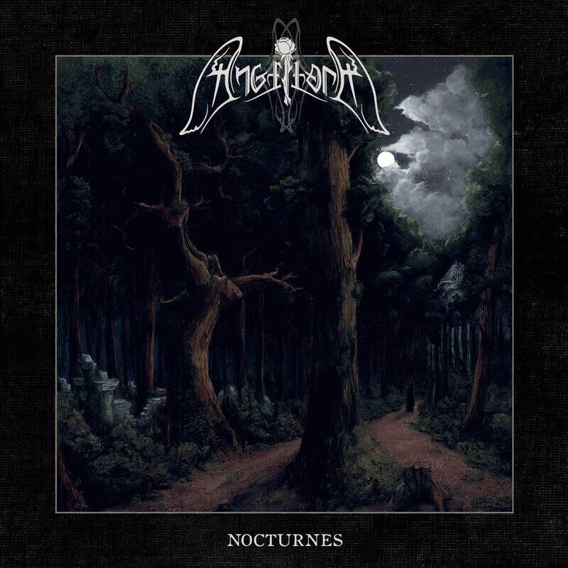 Album cover showing a moonlit forest with a winding path, tall trees, and a crest-like band logo at the top; title 'Nocturnes' at the bottom.