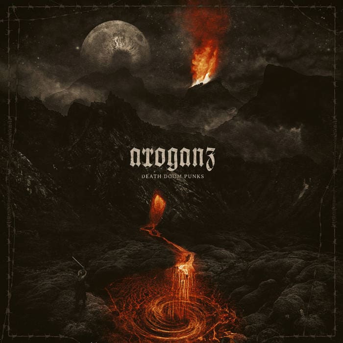 Album cover for Arroganz: Death Doom Punks, showing a dark volcanic landscape with lava, a glowing pool, and a full moon.