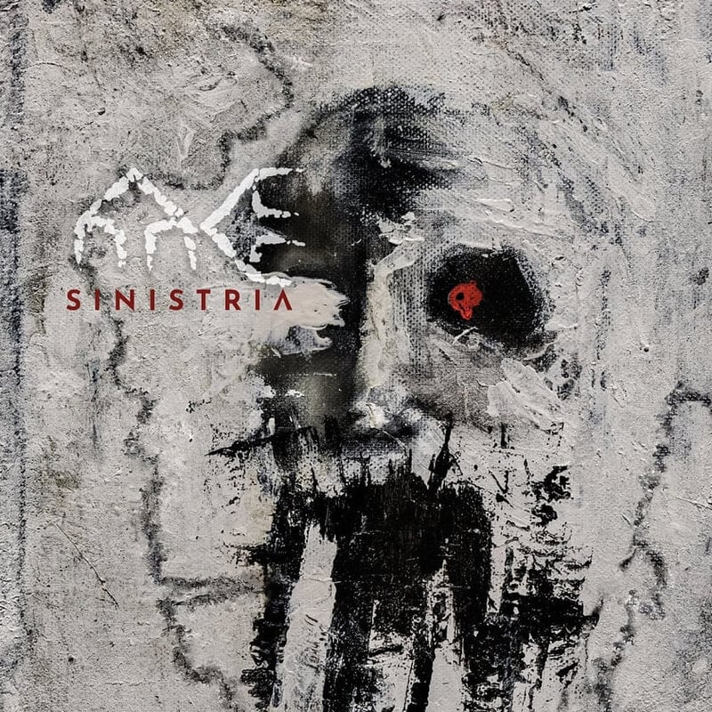 Album cover: grainy, abstract portrait on a textured concrete wall with red 'SINISTRIA' text on the left.