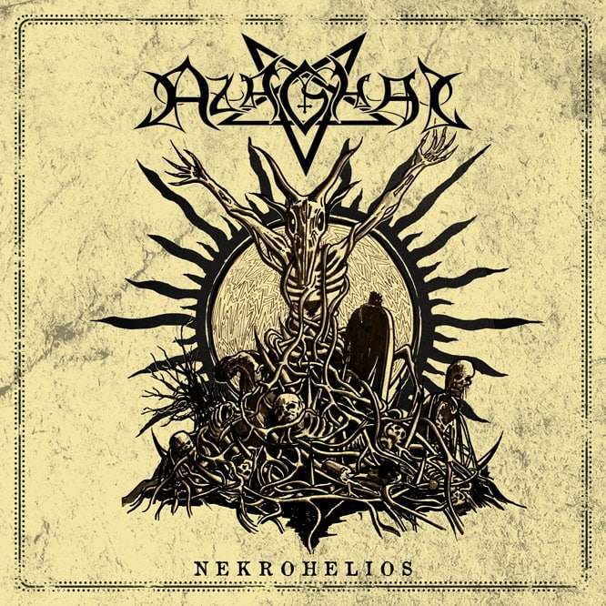 Album cover Nekrohelos: dark line-art of a skeletal, root-wrapped figure within a sunburst on a beige textured background, top band logo visible.