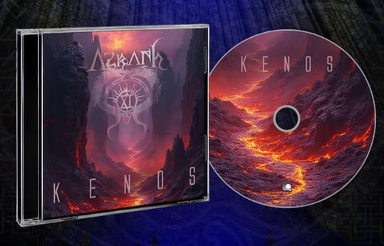 CD case and disc for album Kenos with dark lava-red artwork and a purple logo on the cover