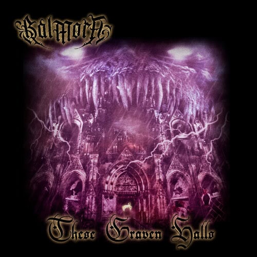 Album cover: a purple-lit gothic cathedral gate with skeletal dragon imagery, band logo top left, and title text bottom.