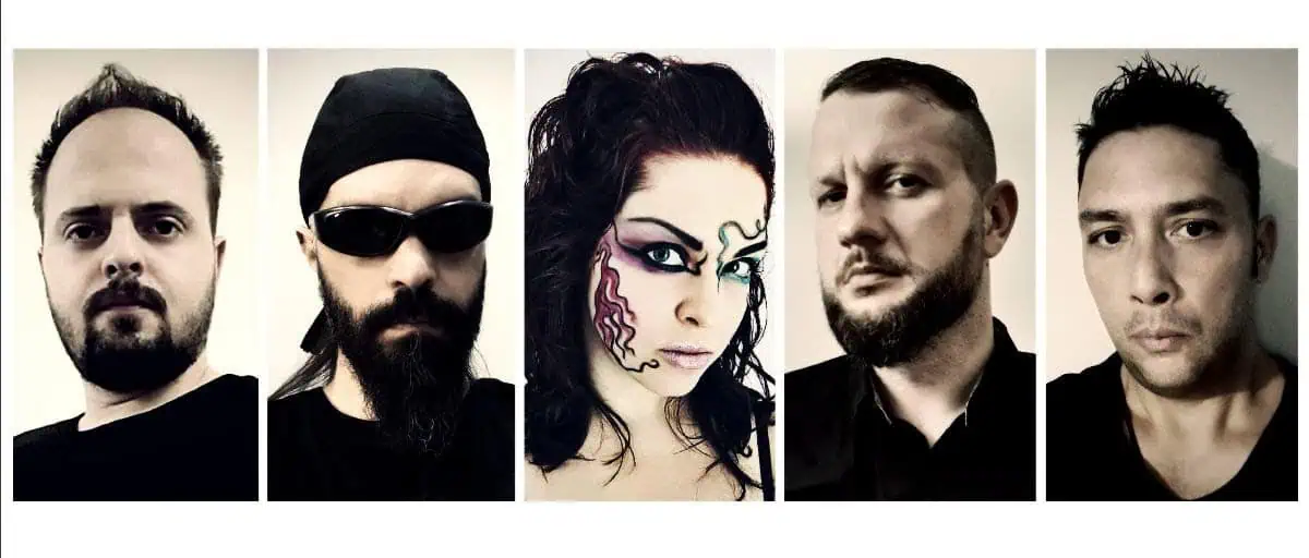 Five-panel collage of band members: four men flanking a central woman with dramatic face makeup against neutral backgrounds, each in a head-and-shoulders shot.
