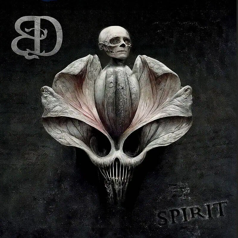 Surreal album cover: a pale sculpted figure sits atop a cracked, skull-like flower against a dark background; the word SPIRIT appears at the bottom-right.