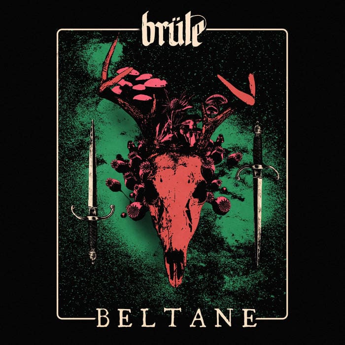 Album cover for Brûle Beltaine: a red deer skull with flowers growing from it, flanked by two swords on a green-speckled background.