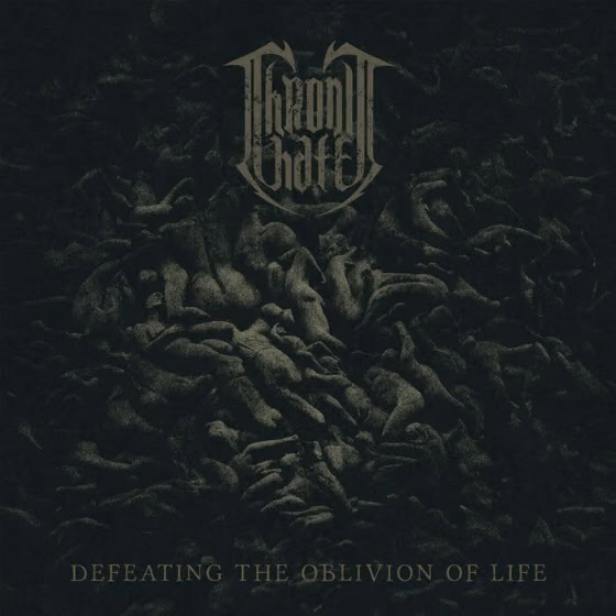 Dark metal album cover with a mass of shadowy, tangled human figures against a black background; band logo at top and the title 'Defeating the Oblivion of Life' at the bottom.