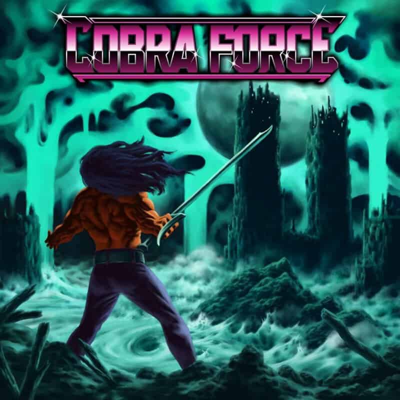 Hero with a drawn sword stands in a neon-green wasteland, facing crumbling towers beneath a Cobra Force logo.