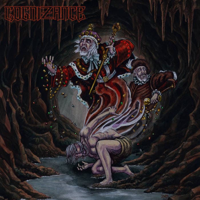 Album cover: an elderly king in a crown and red robe pulls a cloak-wrapped figure from a dark cavern as a shirtless man struggles nearby; coins scatter.
