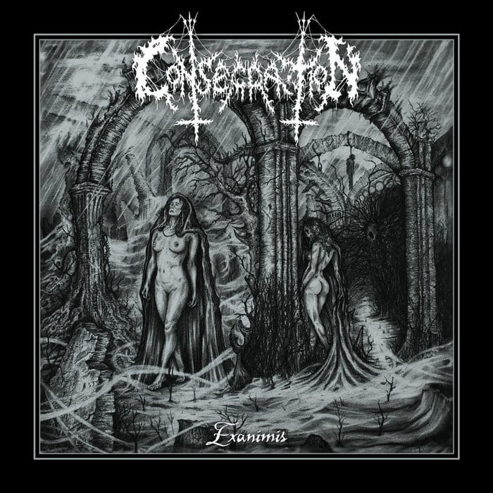 Album cover artwork for Exanimus: two naked women among ruined arches and bare trees in a desolate, monochrome scene, with the heavy band logo above.