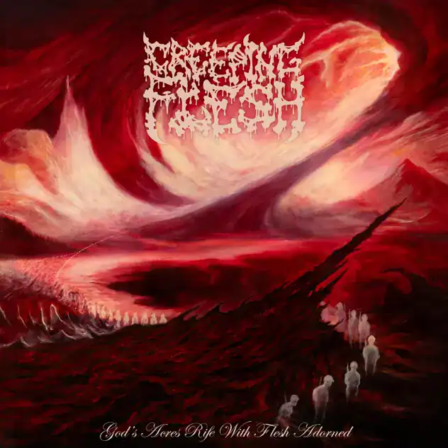 Extreme metal album cover: chaotic red apocalyptic landscape with a line of marching silhouettes along a jagged ridge and a white distorted band logo at the top; album title at the bottom.