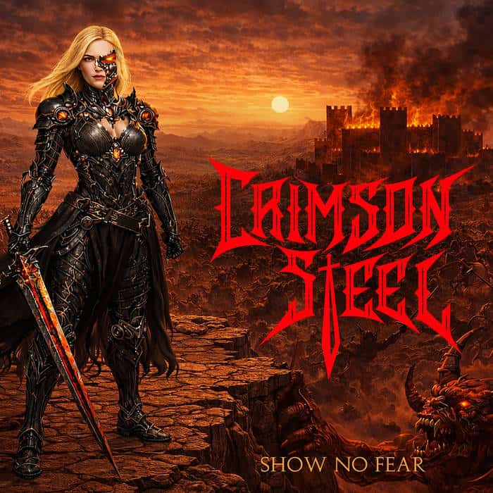 Armored female warrior stands on a lava‑cracked ledge at sunset, holding a glowing orange sword; burning fortress in the background and bold red title 'Crimson Steel' with 'Show No Fear' at the bottom.