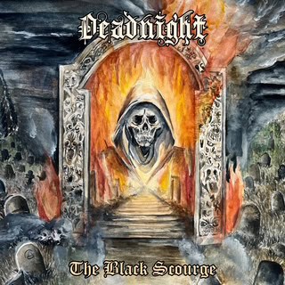 Album cover: a hooded skeletal figure emerges from a fiery archway framed by ornate stone; band name above, album title 'The Black Scourge' below.