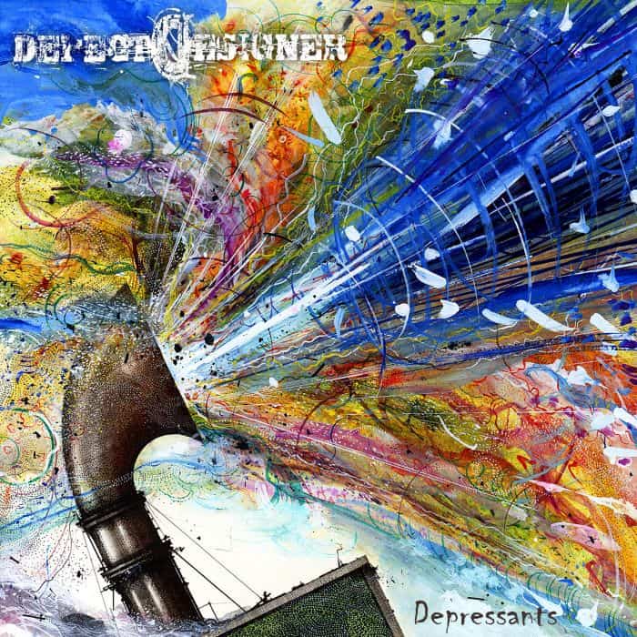 Abstract album cover: a rusted pipe spews a vibrant explosion of blue, yellow, orange, and multicolor swirls; the word 'Depressants' appears in the bottom-right corner.
