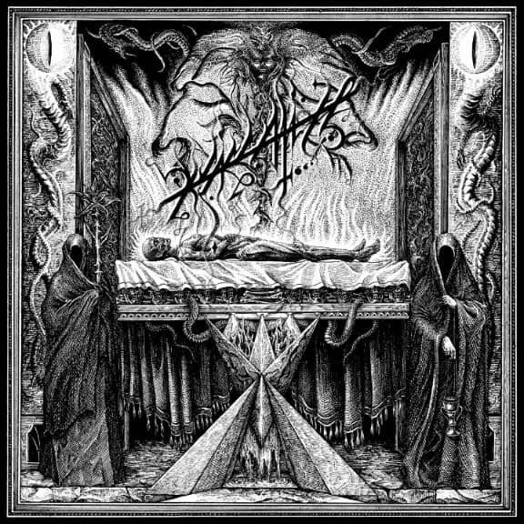 Monochrome illustration of a corpse on an altar, flanked by hooded figures in a gothic chamber with serpents and a jagged band logo above.