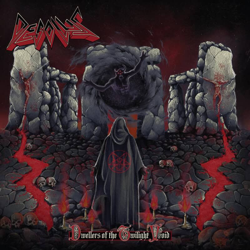 Dark fantasy cover art featuring jagged rocks, blood-red accents, and a hooded figure in a cavern beneath the title “Dwellers of the Twilight Void.”