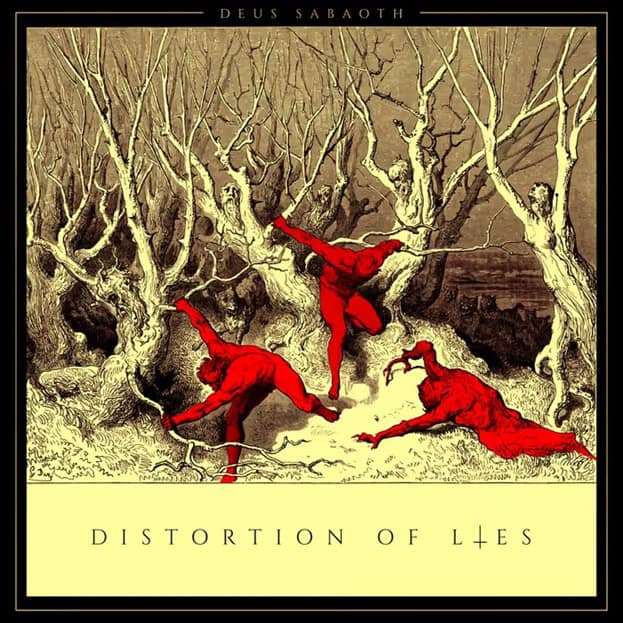 Album cover: red-clad figures moving through a pale, tangled forest; text reads 'DISTORTION OF LIES' at the bottom.