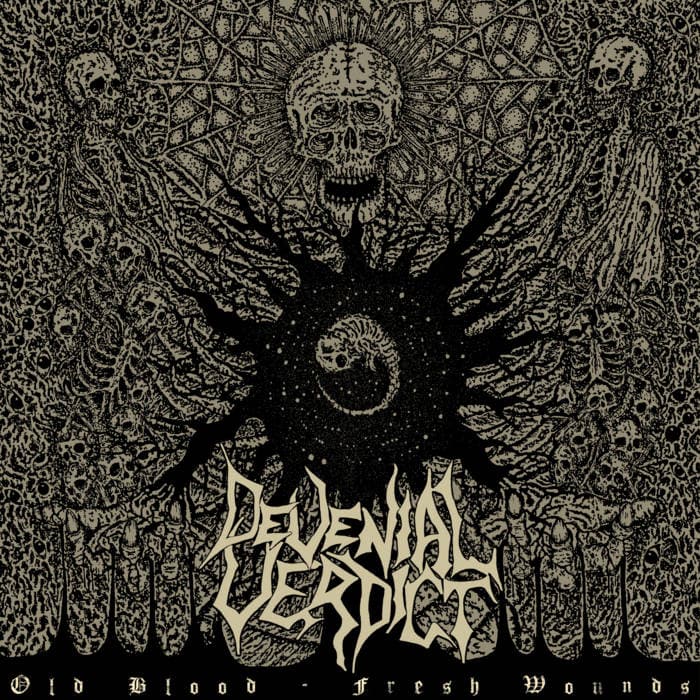 Intricate black-and-tan metal album cover with skulls surrounding a central black sun and a fetus image, plus a stylized band logo and the text 'Old Blood - Fresh Wounds'.