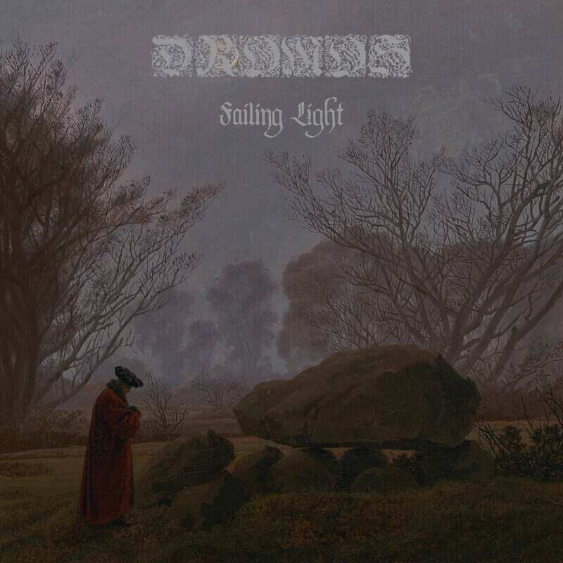 A person in a red cloak stands near large rocks in a misty, leafless landscape with bare trees and a pale sky, title 'Falling Light' above."