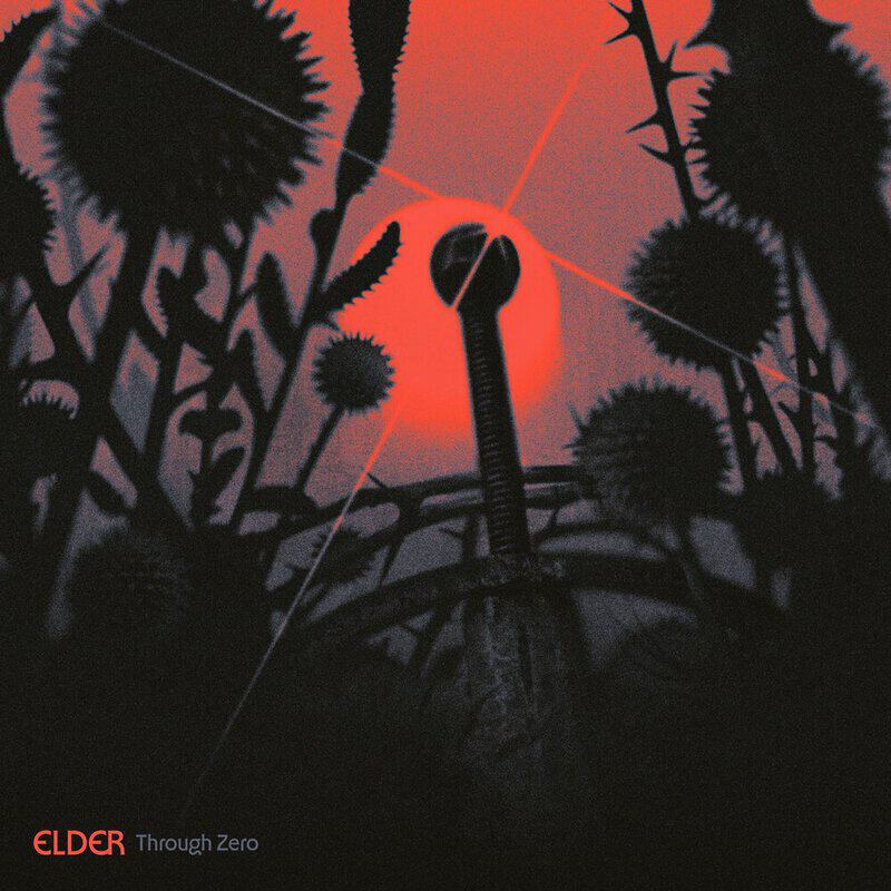 Album cover art for Elder: Through Zero, showing a dark sword embedded in the ground among silhouetted spiky plants with a red sun behind.