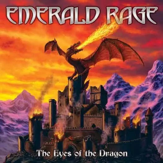 Fantasy book cover: a red dragon breathing fire over a burning castle at sunset, with snowy mountains in the background.