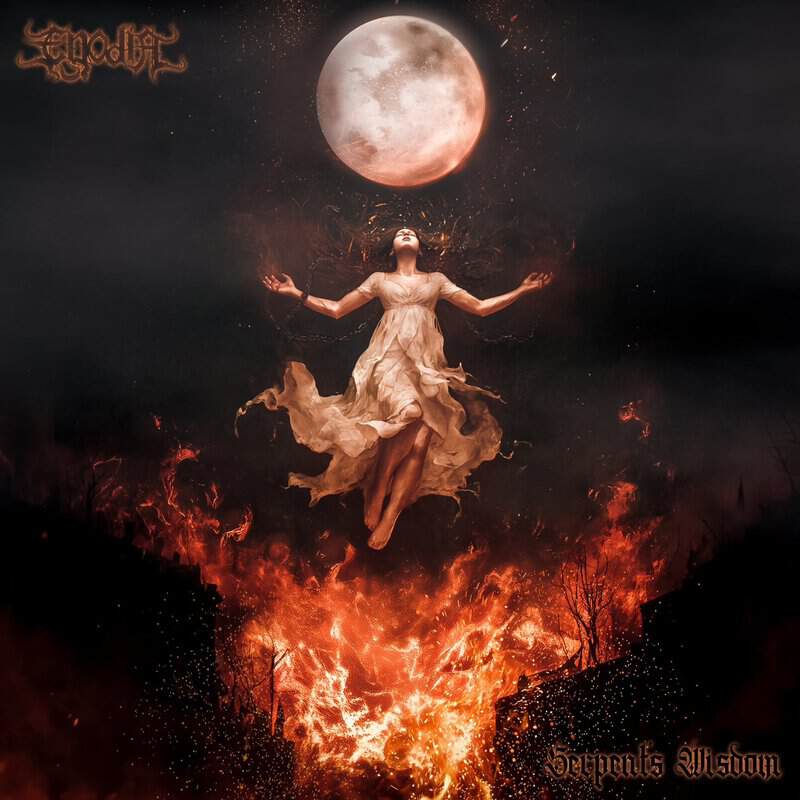 Fantasy album cover: a woman in a flowing beige dress rises above a fiery crater under a full moon.