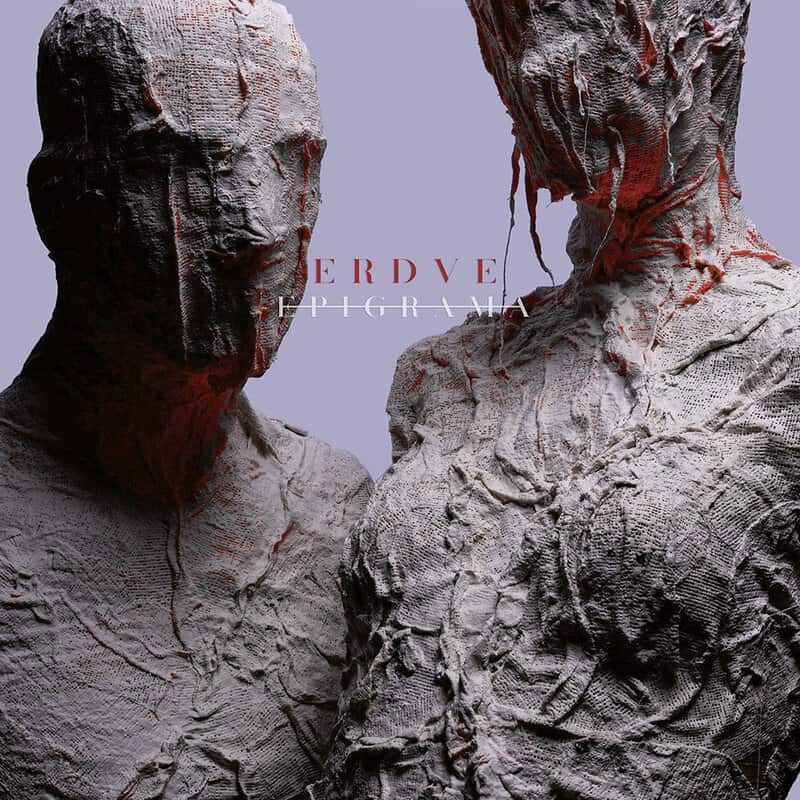 Album cover: two textured clay figures facing each other against a lavender background, with red accents and the words ERDVE EPIGRAMA.