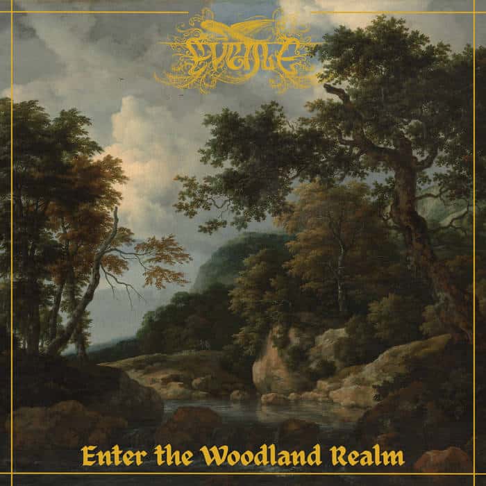 Allegorical forest landscape with a river and rocky banks; gold typography reading 'Enter the Woodland Realm' at the bottom.