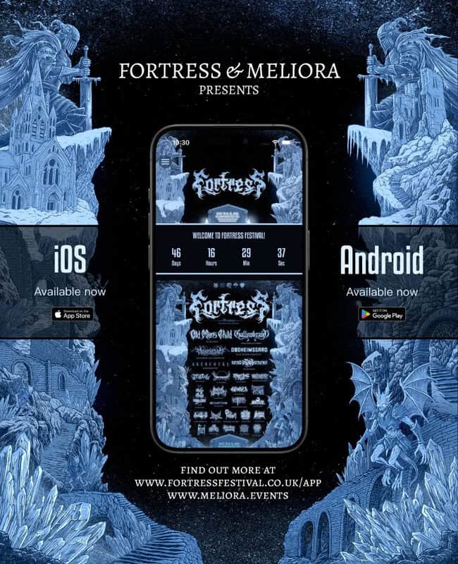 Promotional poster for Fortress & Meliora festival with a central smartphone mockup and iOS/Android download badges.