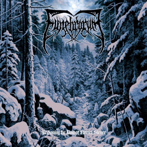 Snowy blue forest scene on an album cover, with a black metal style band logo at the top and the title 'Becoming the Void of Eternal Silence' at the bottom.