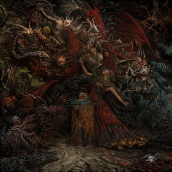 Dark fantasy battle scene: winged demons swarm around a central figure in a flowing red cape amid smoke and rubble on a rocky shore.